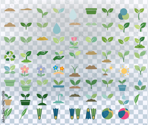 Large collection of ecology and plant growth vector icons. Flat design set featuring leaves, seedlings, recycling symbols, and summer elements on a transparent background