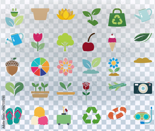 Flat vector icon collection featuring gardening nature and summer travel themes. Set of ecology and vacation graphics including plants watering cans and beach accessories