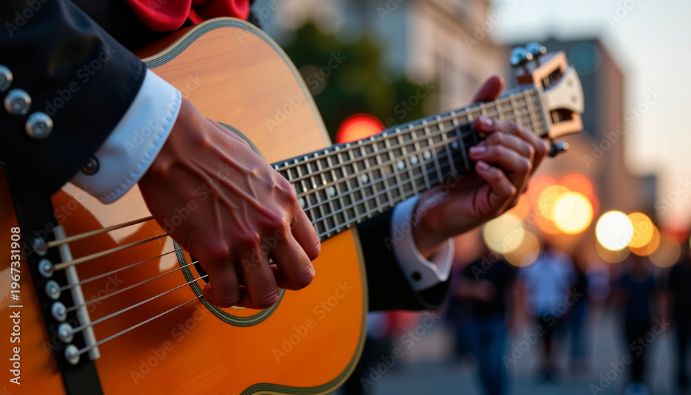 Obraz premium Man playing acoustic guitar during street performance at sunset, Cinco de Mayo 
