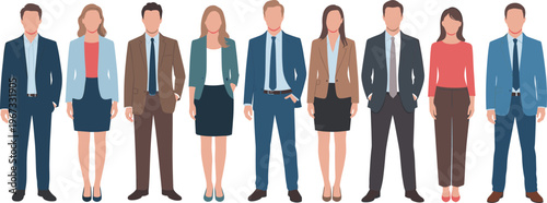 Diverse group of professional business people standing together in corporate attire, teamwork concept, office colleagues, multicultural workforce illustration