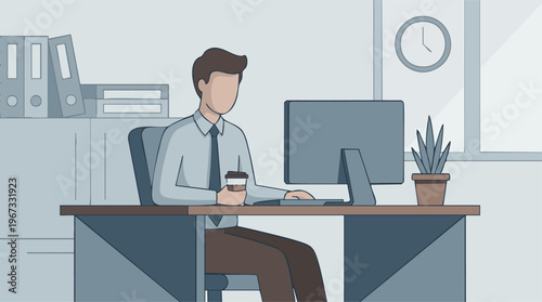 Professional man working on computer at office desk, holding coffee cup