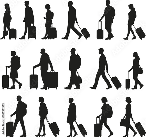 Travelers walking with luggage silhouette vector set, airport passenger collection, travel movement illustration