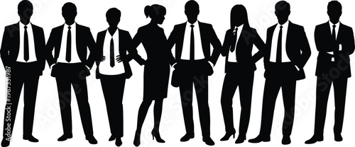 Professional business team silhouette standing confidently together, corporate group of diverse men and women in formal attire representing teamwork leadership unity