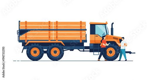 Industrial wood transport truck with orange cab and large trailer loaded with lumber standing next to workers at a site.