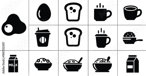Collection of black and white breakfast icons representing food and beverages for a morning meal