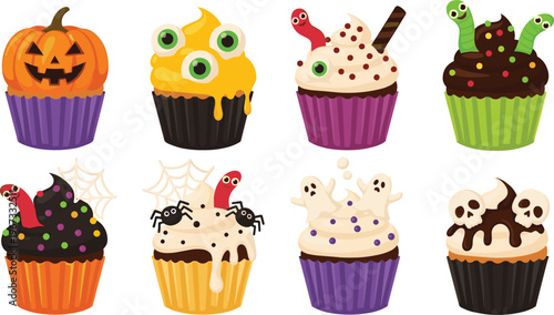 Halloween Cupcake Collection with Pumpkin, Ghost, Spider, Skull, Monster and Worm Toppings Cute Spooky Dessert Cartoon Vector Illustration Set