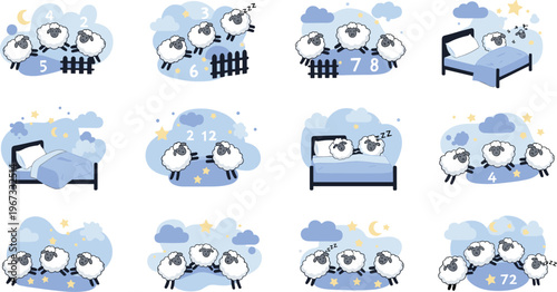 Cute sheep bedtime illustrations set with sleeping lambs, night sky, stars and cozy dreams, adorable nursery vector collection