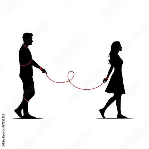 A man and woman connected by a red string in silhouette