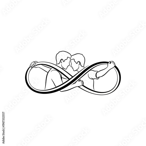 A black and white illustration of a couple embracing in an infinity symbol