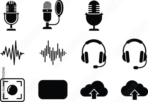Audio recording icon set microphone headphones waveform studio sound flat vector