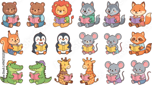 Cute Animal Characters Reading Books Collection with Bear, Lion, Fox, Squirrel, Penguin, Giraffe, and More for Kids and Education Designs