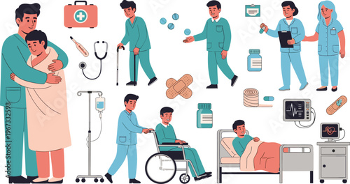 Healthcare Medical Treatment and Patient Care Illustration Set with Doctors Nurses Hospital Equipment Medicine Wheelchair Recovery and Clinical Service Elements