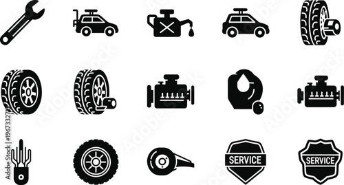 Car service repair icon set mechanic tools engine tire automotive flat vector