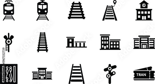 Railway transport icon set train track station crossing signal flat vector