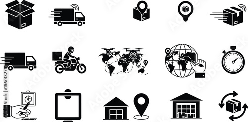 Logistics delivery icon set truck map tracking warehouse global shipping flat vector