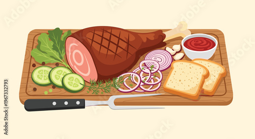 Delicious roasted ham served on a wooden cutting board with sliced cucumbers onions bread and sauce on a beige background.