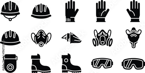 Vector illustrations depicting various personal protective equipment, safety gear, and industrial security concepts