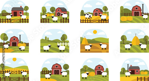 Sheep farm landscape scenes with barns, fields and countryside elements, rural agriculture illustration collection in modern flat vector style