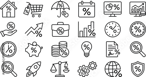 Collection of black line icons depicting various financial and business concepts