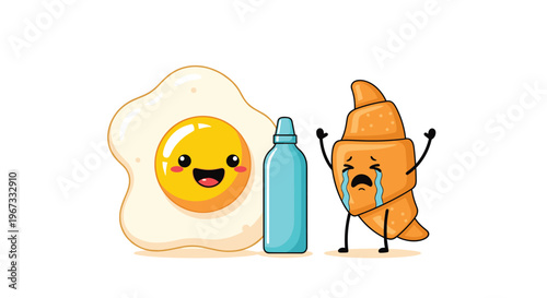 Fun cartoon illustration of a happy fried egg and a crying croissant next to a bottle of water on a white background.