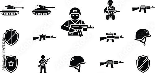 Modern military combat icons set with soldiers, tanks, firearms, and defense shields for security designs