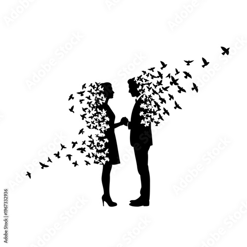 A romantic couple in love with birds flying around them