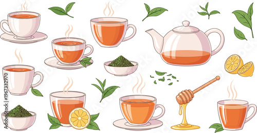 Herbal Tea Drink Illustration Set with Teapot, Cups, Lemon Slices, Honey Dipper, and Green Leaves for Healthy Beverage, Cafe Menu, and Organic Drink Design