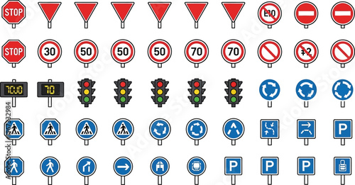 Traffic signs guide drivers on roadways.