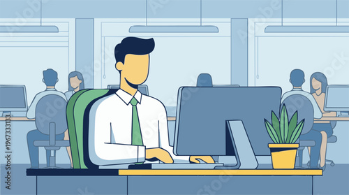 Business professionals working on computers in a modern office illustration