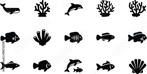 Comprehensive set of underwater fauna and marine plant black vector silhouettes for design projects