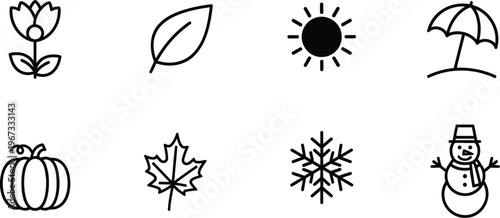 Simple line art icons depicting the four distinct seasons spring, summer, autumn, and winter, with weather and nature elements representing each period