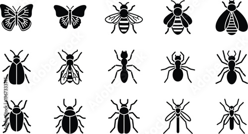 Collection of insect icons featuring butterflies, bees, ants, and other crawling creatures in a black and white design