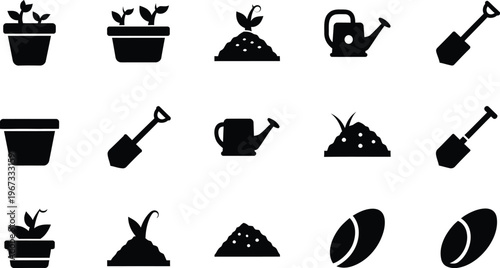 Gardening icons set with plants, soil, watering can, and shovel on a white background
