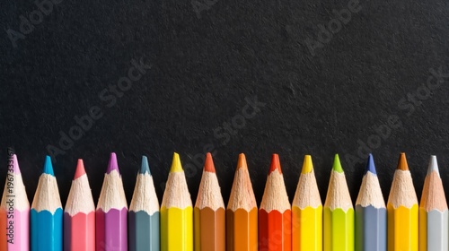 Collection of Colored Pencils Arranged on a Black Background for Art and Desi...