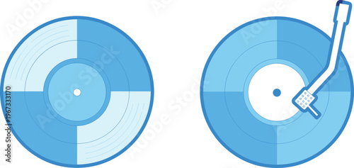 Turntable vinyl record vector set with stylus tonearm, music player illustration, retro audio design