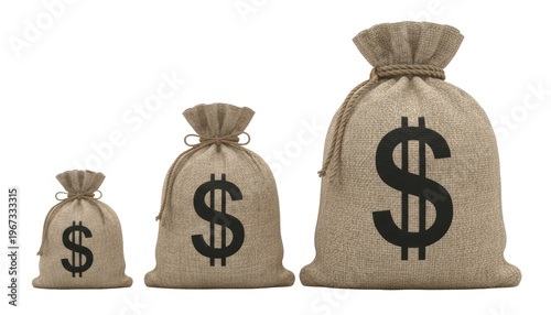 Bags of Dollars: An array of money bags illustrates the concept of wealth and financial growth, symbolizing prosperity and economic progress with distinct sizes.