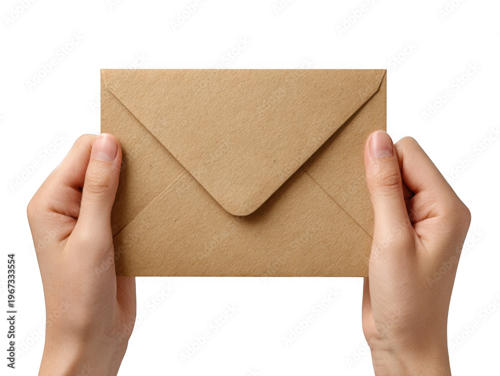 Fototapeta premium A person holding a brown kraft envelope isolated on transparent background