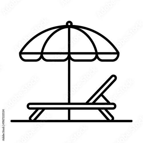 Vector of a beach resort scene featuring a sun umbrella and lounge chair for relaxation by the pool or sea
