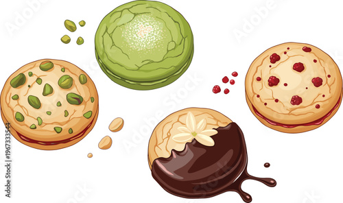Macaron Cookie Collection with Pistachio Chocolate Raspberry Flavors Sweet Dessert Illustration Set for Bakery Menu Packaging and Confectionery Design