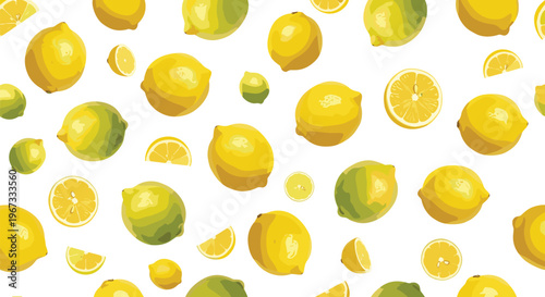Lemon Pattern Vector Illustration with Whole and Sliced Yellow Citrus Fruits Seamless Design Isolated on White Background for Fresh Summer Food Theme