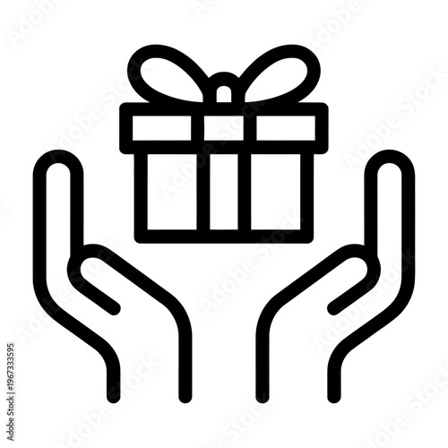 Vector of two hands presenting a wrapped gift box with a bow on top.