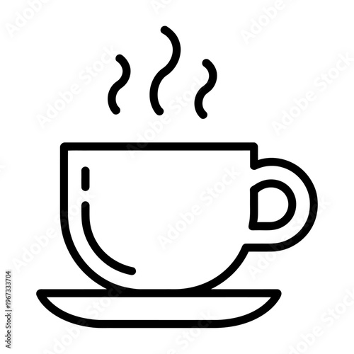 Vector-style illustration of a steaming cup of hot coffee on a saucer with simple black lines