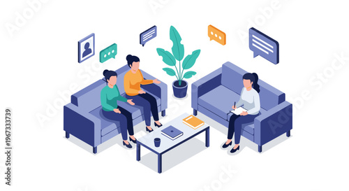 Isometric illustration of a group of people sitting on sofas having a discussion during a therapy or counseling session.