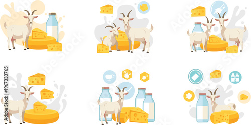 Goat milk and cheese products illustration set with dairy elements, farm animals and organic food concepts in flat vector style
