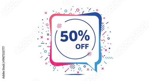 Colorful sale banner advertisement showing fifty percent off in a speech bubble with vibrant patterns on white background.