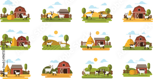 Farm landscape scenes with barns, cows, hay bales and countryside elements, rural agriculture illustration set in flat vector style