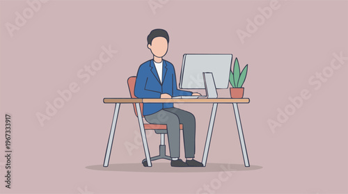 Professional Man Working on Computer at Desk in Modern Minimalist Office