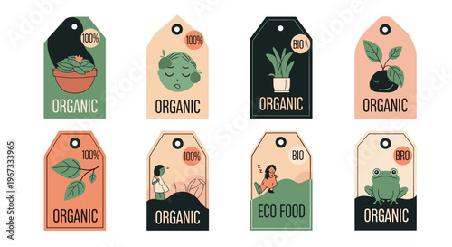 Collection of eight vintage style organic and eco food tags featuring plants a person and a green frog on beige paper.