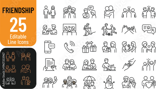 A set of 25 editable line icons depicting various friendship and social interaction scenes in a simple line style