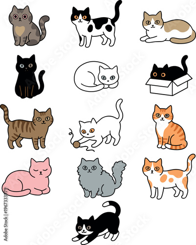 Cute Cat Characters Collection in Various Poses and Colors, Including Tabby, Black, White, and Ginger Cats for Pet, Animal, and Cartoon Designs